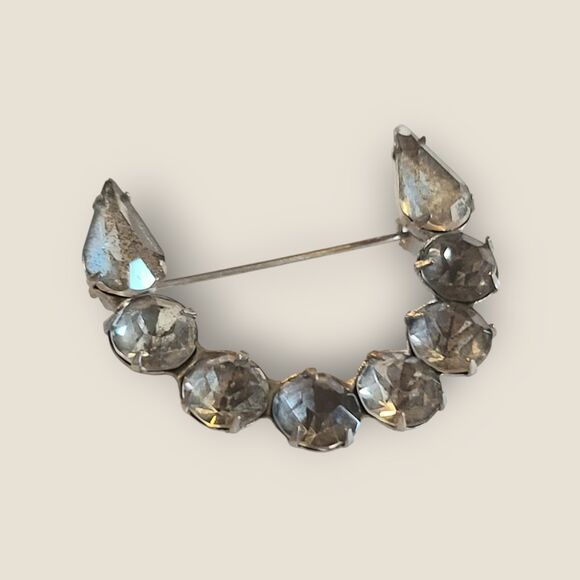 Vintage Clear Speckled Rhinestone Brooch Silver Tone U Shape Horseshoe Estate - Picture 4 of 11